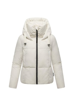 Puffermantel in Off-White, mit hohem Kragen, Frontreißverschluss und elastischen Bündchen. Gestepptes Design mit zwei Seitentaschen und Kordelzügen.