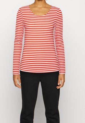 Rot-weißer gestreifter Langarmshirt mit Rundhalsausschnitt, hat eine taillierte Silhouette und gerippte Textur. Getragen mit schwarzen Hosen.