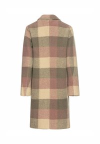 Wollen jas met een geruit patroon in beige, roze en groen, met een uitsnijding kraag en lange mouwen, getoond vanaf de achterkant.