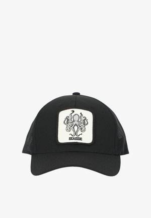 Schwarze Kappe mit Netzseiten, ausgestattet mit einem weißen Patch, der ein Oktopusdesign und das Wort "SEASIDE" am unteren Rand zeigt.