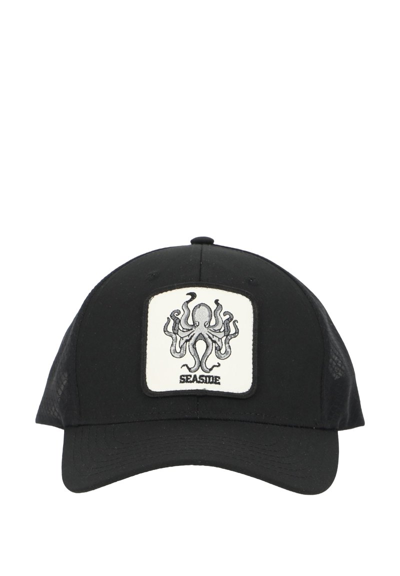 Cappellino nero con lati in rete, caratterizzato da una patch bianca che mostra un design di un polpo e la parola "SEASIDE" in basso.