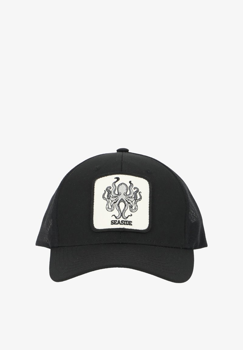 Schwarze Kappe mit Netzseiten, ausgestattet mit einem weißen Patch, der ein Oktopusdesign und das Wort "SEASIDE" am unteren Rand zeigt.