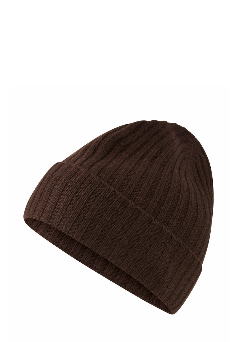 Berretto in maglia marrone con una texture a coste, corona rotonda e risvolto, realizzato in materiale morbido per calore e comfort.