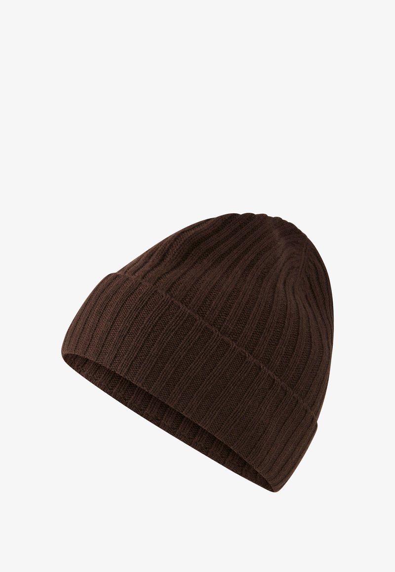 Brown knit beanie hat with a ribbed texture, rounded crown, and a folded cuff, made from soft material for warmth and comfort.