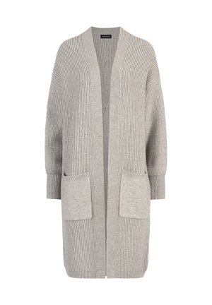 Cardigan grigio chiaro con una texture a coste, apertura frontale, e due tasche a toppa. Caratterizzato da maniche lunghe e larghe e una vestibilità rilassata.