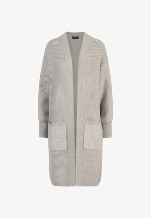 Lichtgrijze cardigan met een geribbelde textuur, open voorkant en twee opgestikte zakken. Heeft lange, brede mouwen en een ontspannen pasvorm.
