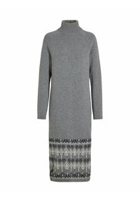 Grijze gebreide jurk met een hoge hals, lange mouwen en een patroon aan de onderkant met tinten marineblauw en witte geometrische ontwerpen.