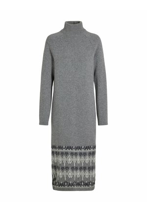 Robe gris tricotée avec un col montant, des manches longues, et un ourlet inférieur à motifs comprenant des teintes de bleu marine et des dessins géométriques blancs.