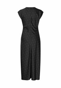 Rochie midi neagră cu buline mici albe, mâneci scurte tip capac și închidere cu fermoar la spate, afișată pe un fundal alb.