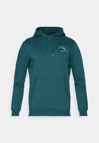 Sudadera verde de tela suave con un bolsillo frontal, capucha ajustable y detalle del logo en el pecho. Puños y dobladillo de canalé.