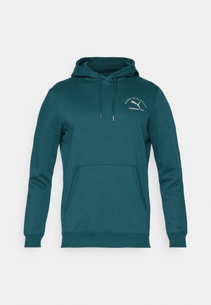 Grön hoodie i mjukt tyg med en framficka, dragsko på huvan och logotypdetalj på bröstet. Ribbad mudd och nederkant.