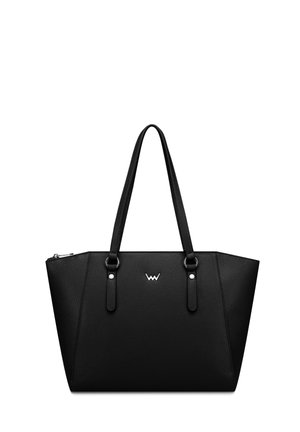 Black tote bag made of textured synthetic material, featuring two handles, a zip closure, and a silver logo on the front.