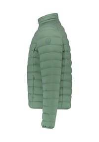 Lichtgroene pufferjas, met een doorgestikt ontwerp, hoge kraag, zijzakken met rits, voorzien van een logopatch op de bovenste linker mouw.