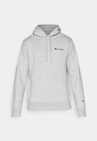 Szara bluza z kapturem wykonana z miękkiego materiału, z przednią kieszenią, sznurkami do regulacji i małym haftowanym logo na piersi. Żebrowane mankiety i dół.
