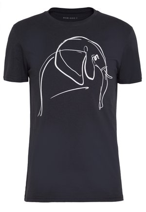 Black short-sleeve T-shirt with a white continuous line drawing of an elephant on the front.
