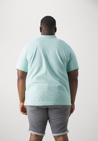 Polo manches courtes vert menthe à coupe droite et texture douce, associé à un short gris à ourlet retroussé. Aucune motif ou accent visible.