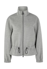 Graue Fleecejacke mit hohem Kragen, Frontreißverschluss und verstellbarem Kordelzug in der Taille. Verfügt über elastische Bündchen und eine glatte Textur.