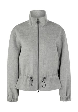 Gray fleece jacket with a high collar, front zipper, and adjustable drawstring at the waist. Features elastic cuffs and smooth texture.