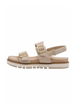 Beige sandaal met twee verstelbare banden, gouden gespsieraden, gevoerde voetbed en een geribbelde witte zool voor grip.