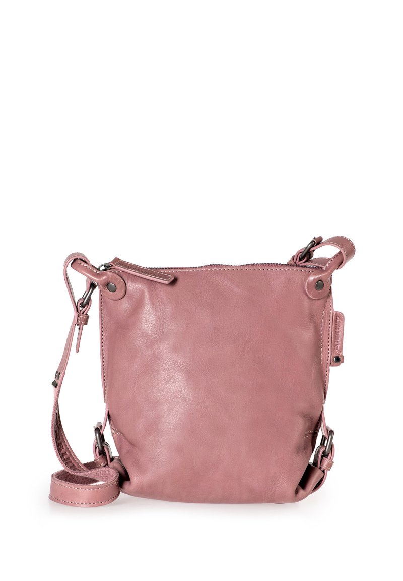 Borsa a tracolla in pelle di un morbido rosa polveroso, con tracolla regolabile, chiusura a zip e texture liscia. Design minimalista, senza pattern né dettagli.
