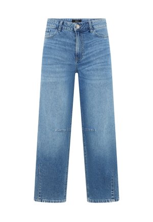 Jean en denim bleu à jambes larges avec taille haute, fermeture avant par bouton et zip, poches avant et arrière, et détails de coutures aux genoux.
