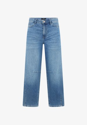 Jean en denim bleu à jambes larges avec taille haute, fermeture avant par bouton et zip, poches avant et arrière, et détails de coutures aux genoux.