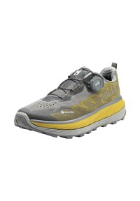 Grau und gelbes Trailrunning-Schuh mit Gore-Tex-Material, strukturiertem Obermaterial, BOA-Schnürsystem und robustem Profil für besseren Grip.