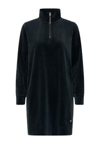 Donkergroene corduroy jurk met hoge kraag en kwart-rits, voorzien van lange mouwen en een ontspannen pasvorm. Glad materiaal met verticale strepen.