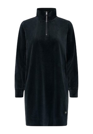 Rochie din cordeaux verde închis, cu guler înalt și fermoar pe un sfert, având mâneci lungi și o croială lejeră. Textură netedă cu dungi verticale.