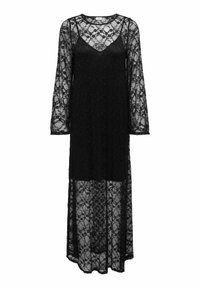 Czarna maxi sukienka z koronki z długimi rękawami, kwiatowym wzorem i wielowarstwowym krojem. Wewnętrzna halka jest widoczna pod przezroczystą, zewnętrzną warstwą.