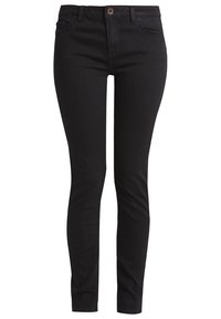 Zwarte skinny jeans van denim, met een knoopsluiting, vijf zakken en een gladde textuur met minimale details.