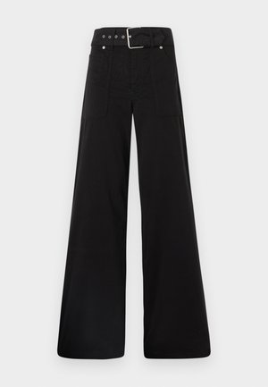 Black wide-leg trousers made from cotton, featuring a high waist, large side pockets, and a belted waist with silver hardware accents.