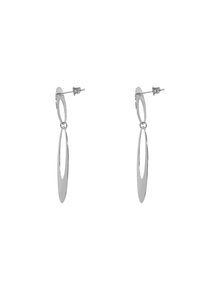 Orecchini pendenti in argento con un design ovale allungato e slanciato, accentuato da un ovale più piccolo, finitura lucida e chiusura a perno.