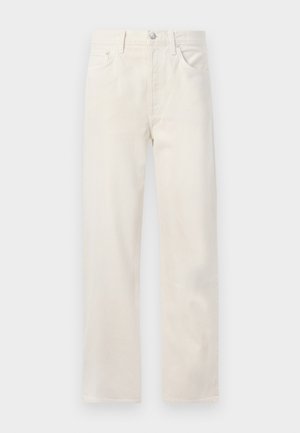 White denim jeans with a straight leg design, five pockets, a button closure, and minimal stitching details. Smooth, uniform texture.