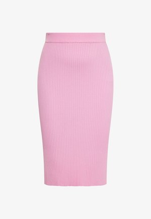 Rosa gerippter Bleistiftrock aus elastischem Strickstoff. Verfügt über einen hohen Bund und eine taillierte Silhouette, die zum Saum hin schmaler wird.