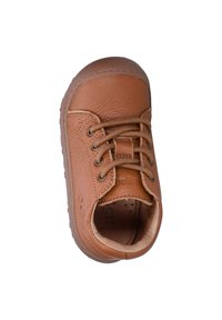 Brown leather shoe with rounded toe, lace-up design, and textured upper. Lightly padded collar and rubber sole.