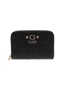 Portefeuille en cuir noir avec un motif de logo en relief. L'avant affiche un logo "G" argenté proéminent et une fermeture éclair avec des accents en hardware argenté.