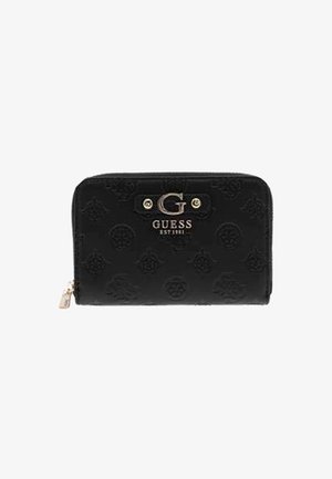 Portefeuille en cuir noir avec un motif de logo en relief. L'avant affiche un logo "G" argenté proéminent et une fermeture éclair avec des accents en hardware argenté.
