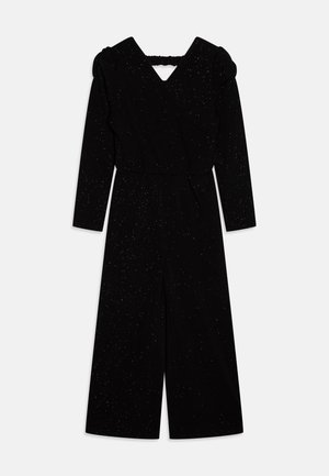 Schwarzer Jumpsuit mit langen Ärmeln, V-Ausschnitt und einem Schlüsselloch-Rücken. Besitzt eine taillierte Taille und einen weit geschnittenen Bein-Design, veredelt mit dezenten Funken.