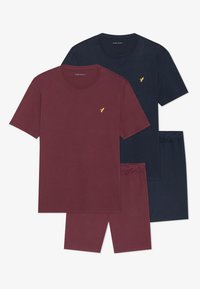Sæt af to T-shirts i burgundy og marineblå, med rund hals og korte ærmer, samt lille gyldent fuglelogo på brystet.