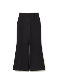 Pantalons larges noirs avec une texture lisse, taille ajustée et plis subtils à l'avant. Présente un ourlet à revers pour une touche supplémentaire.