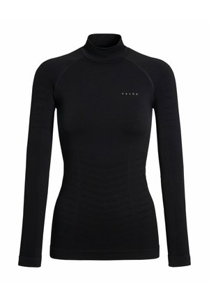 Black long-sleeve turtleneck top with a slim fit. Features ribbed texture along the shoulders and a small logo on the chest.