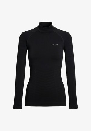 Maglia nera a collo alto con maniche lunghe e vestibilità aderente. Presenta una texture a coste sulle spalle e un piccolo logo sul petto.