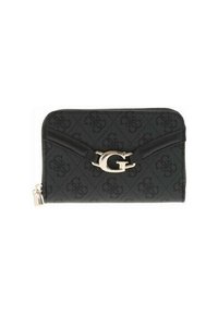 Portafoglio zippato nero con motivo in rilievo, chiusura con logo "G" dorato e dettagli in pelle sulla parte anteriore.