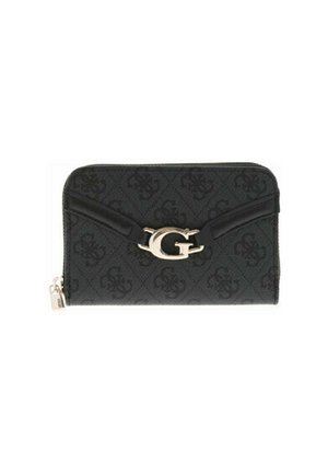 Portafoglio zippato nero con motivo in rilievo, chiusura con logo "G" dorato e dettagli in pelle sulla parte anteriore.