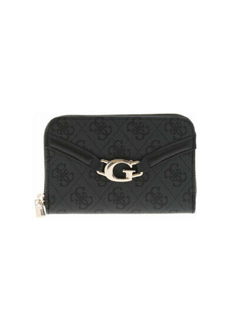 Portafoglio zippato nero con motivo in rilievo, chiusura con logo "G" dorato e dettagli in pelle sulla parte anteriore.