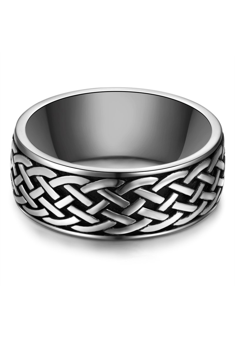 Metal ring featuring a braided design along the band, with contrasting polished silver and black textured surfaces. Smooth interior finish.