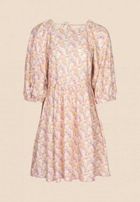 Robe à motifs floraux dans des couleurs pastel douces, avec des manches bouffantes, une taille froncée et un ourlet festonné. Confectionnée en tissu léger.