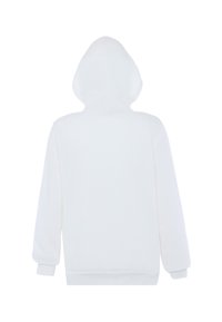 Fehér kapucnis pulóver hosszú ujjal, bordázott mandzsettákkal és hem. Puha anyag, egyszerű design, és nincsenek látható logók vagy minták.