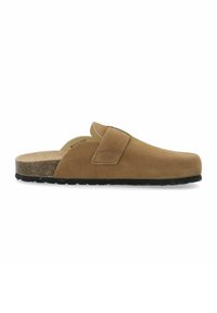 Braune Wildleder-Slipper mit abgerundeter Zehenpartie, einer gepolsterten Innensohle und einer strukturierten Korksohle. Verfügt über ein gestepptes Frontbanddetail.